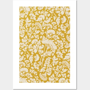 Cream Hemlock Print on Mustard Yellow -  Floral Repeat Pattern Posters and Art